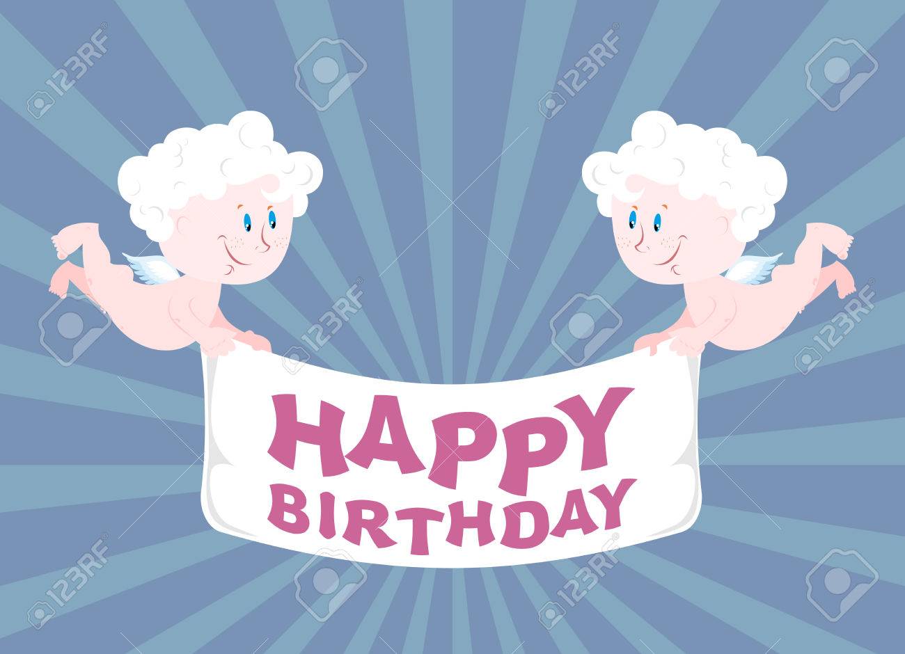 Two Angels Hold Ribbon. Happy Birthday. Cute Babes Congratulate On Holiday  Of Birth. Royalty Free SVG, Cliparts, Vectors, and Stock Illustration.  Image 50638702., image size:1300x940