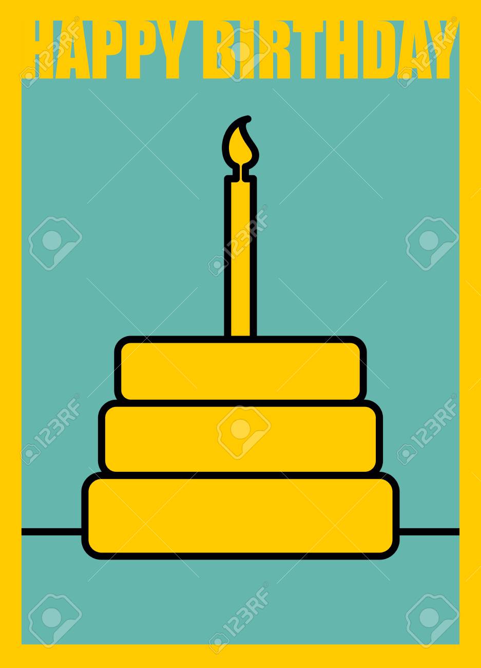 Bon Anniversaire Carte Postale Dans Un Style Minimaliste Gateau Et Bougie Tarte Jaune De Vacances Clip Art Libres De Droits Vecteurs Et Illustration Image