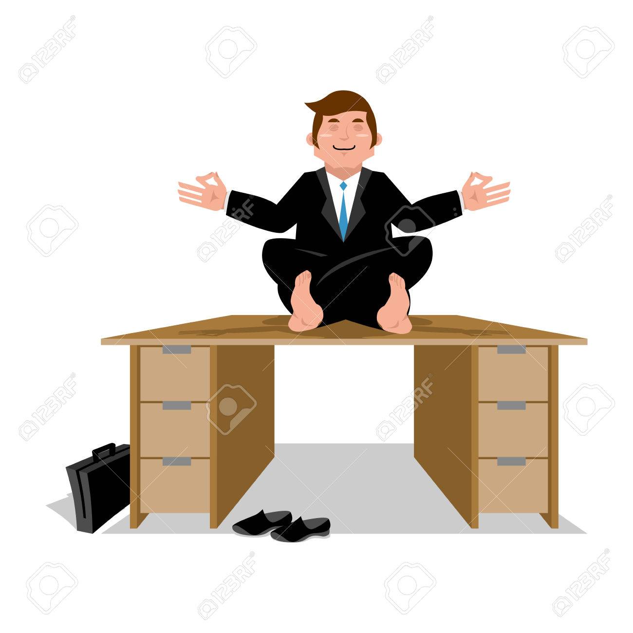 meditation businessman office. enlightenment office worker. business yoga. businessman meditating on table. manager sitting in lotus position. meditation