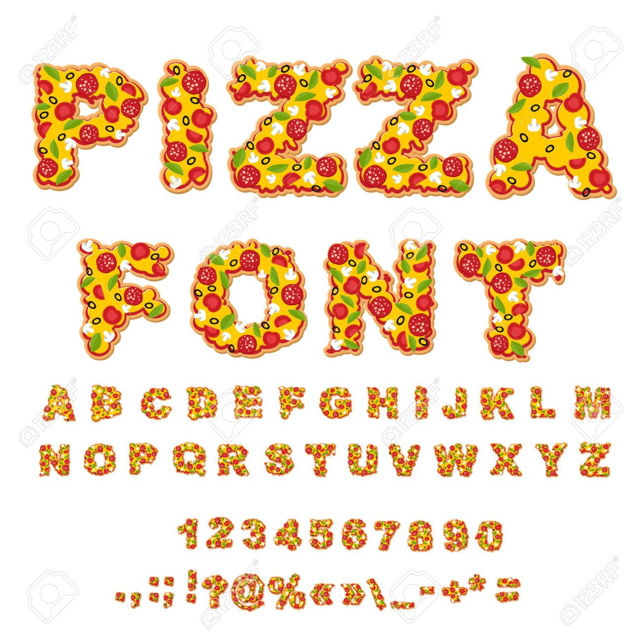 Pizza font. Letters dough. Food Alphabet. Fast food ABC. Italian food. fresh slice of pizza. numbers and punctuation marks. Tomatoes and mushrooms. Greens and sausage. Cheese and olives - 58538002 Pizza font. Letters dough. Food Alphabet. Fast food ABC. Italian food. fresh slice of pizza. numbers and punctuation marks. Tomatoes and mushrooms. Greens and sausage. Cheese and olives - 58538002