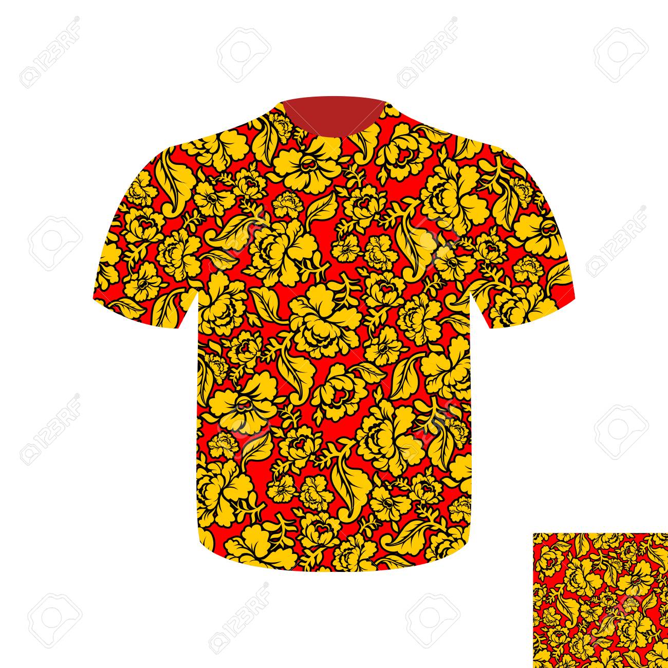 ロシアの民俗のメンズ T シャツ 伝統的な古代の国立ロシア人を服します 花の国立ホフロマの絵付けのイラスト素材 ベクタ Image