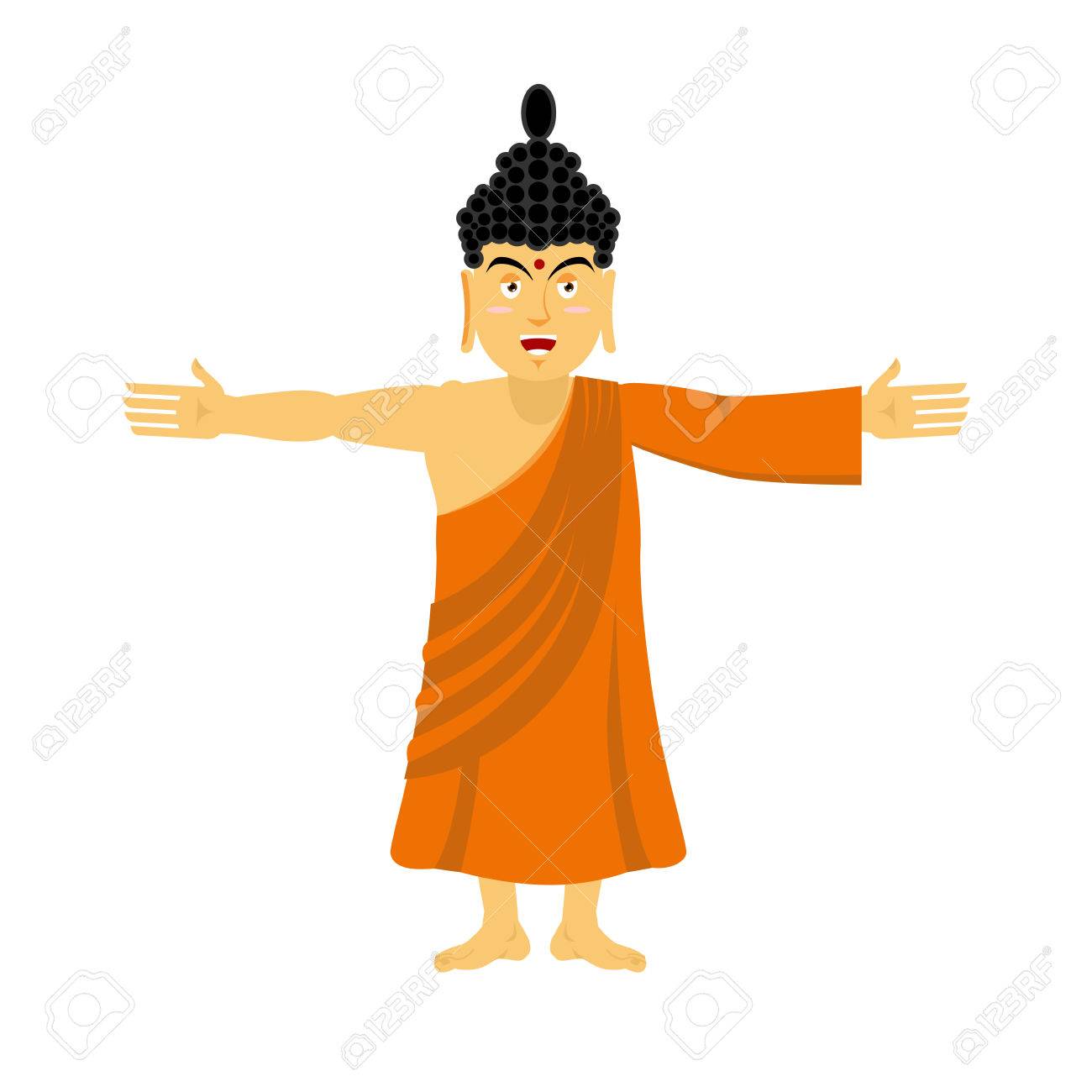 仏 幸せなインドの神は 抱擁の彼の腕を広げます 仏教徒のための最高の先生 オレンジ色のローブで神聖な男のイラスト素材 ベクタ Image