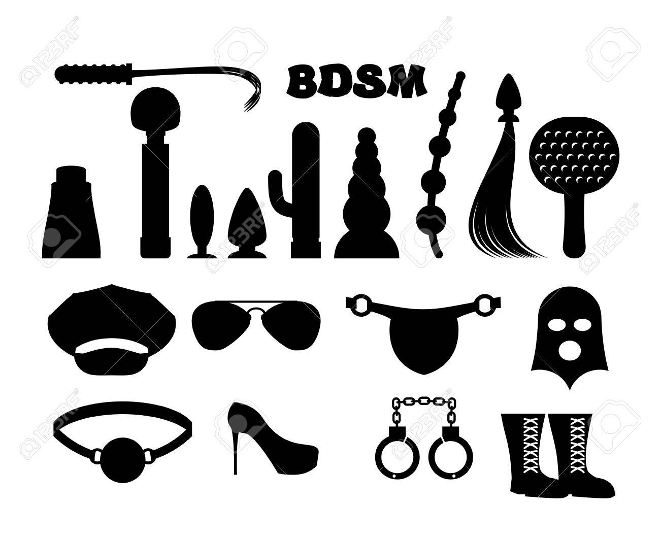 Fetysz Znak. Ikony Seksualne Dla BDSM. Sextoys Dla Xxx. Knut I Gag.  Bielizna Ze Skóry I Czapka. Wibrator I Wibrator. Maskę I Łopatki. Kajdanki  I Rurki Odbytu SVG, Cliparty, ilustracje stockowe oraz
