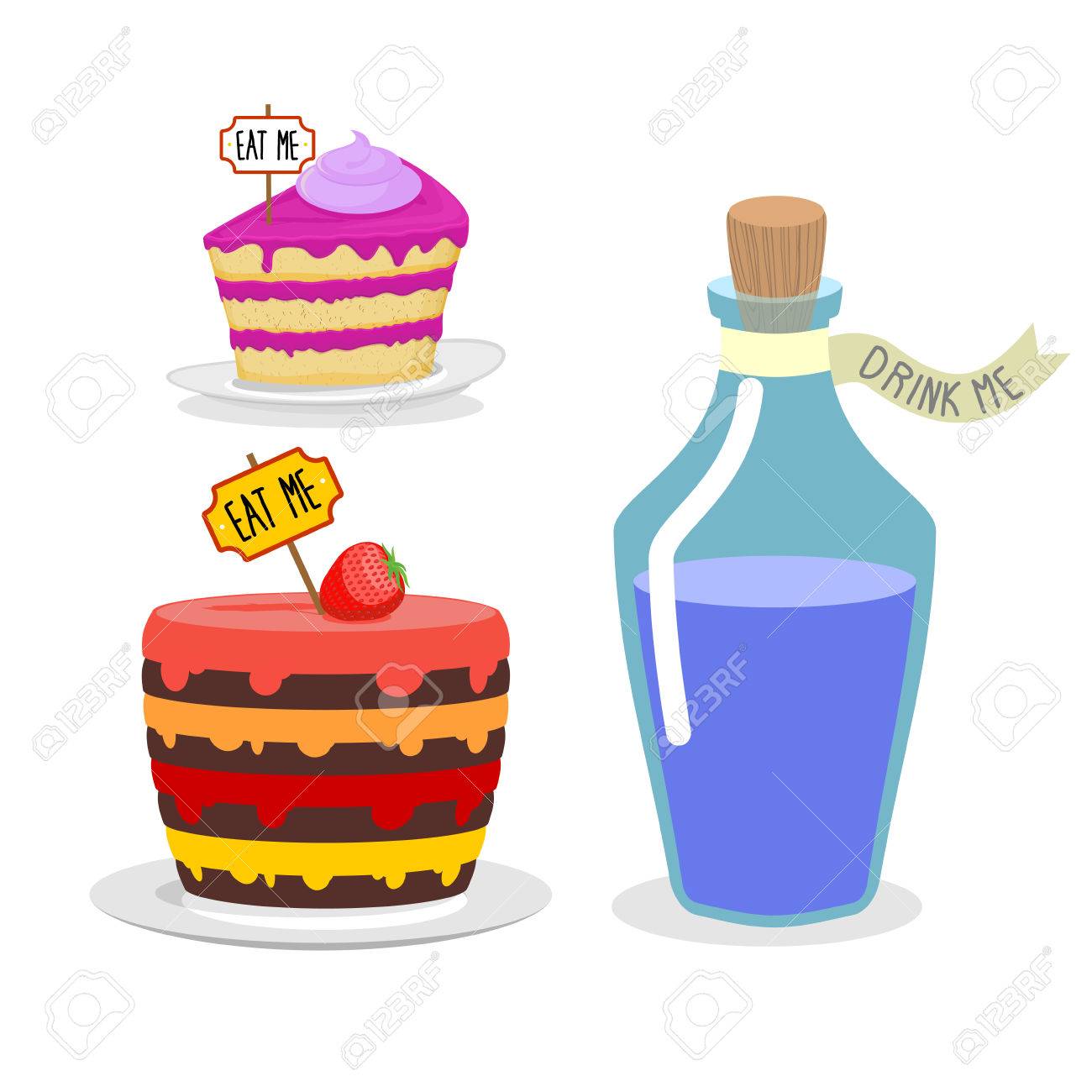 Mangez Moi Gateau Drink Me Potion Set Repas Pour Alice Au Pays Des Merveilles Big Tarte D Anniversaire Avec Des Cerises Elixir Magic Blue En Bouteille Clip Art Libres De Droits Vecteurs Et