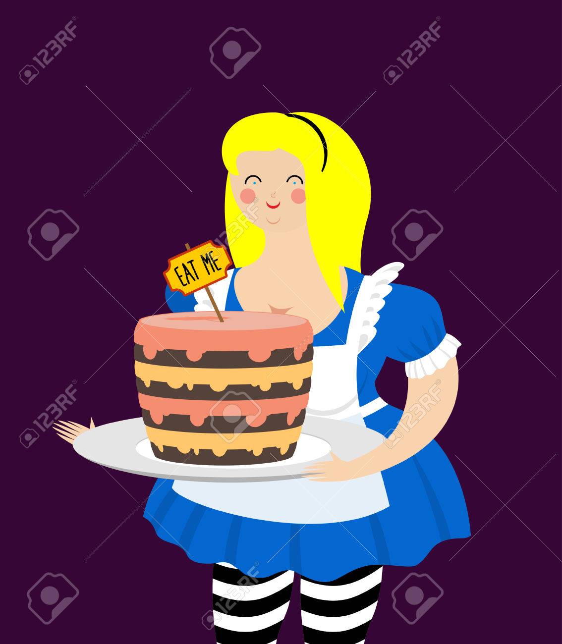 Alice Au Pays Des Merveilles Gateau Me Manger Fat Et Vieille Femme Gaie Clip Art Libres De Droits Vecteurs Et Illustration Image