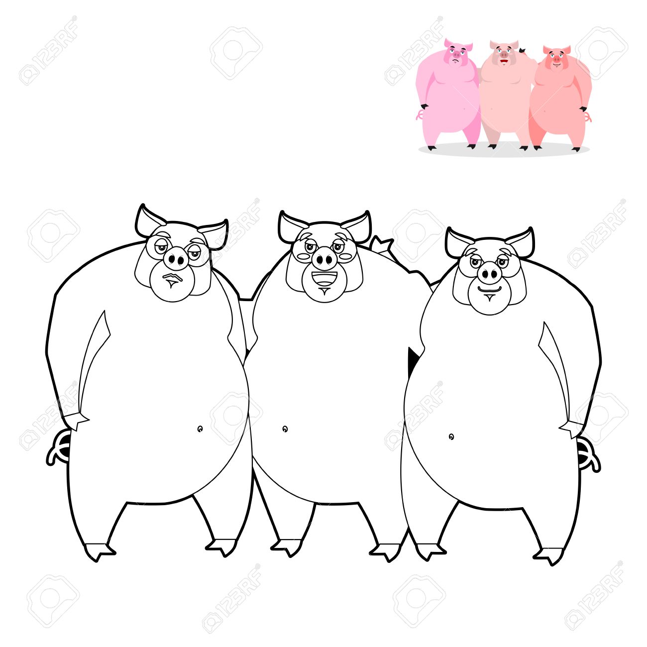 3 豚の塗り絵 直線的なスタイルに三匹の子豚 おかしい農場の動物 おとぎ話から良い性格 濃いピンクの動物 素敵なイノシシのイラスト素材 ベクタ Image