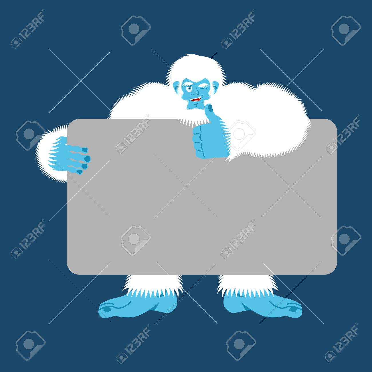 Yeti Holding Banner Blank Bigfoot And White Blank Abominable Snowman Joyful Emotion Big White Monster And Place For Text Vector Illustration Royalty Free Cliparts Vectors And Stock Illustration Image 85871671