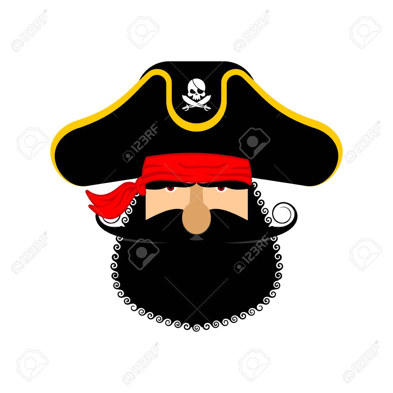 海賊帽子の肖像画 目のパッチと禁煙パイプ フィリバ スター キャップ 骨と頭蓋骨 頭海賊黒ひげ のイラスト素材 ベクタ Image