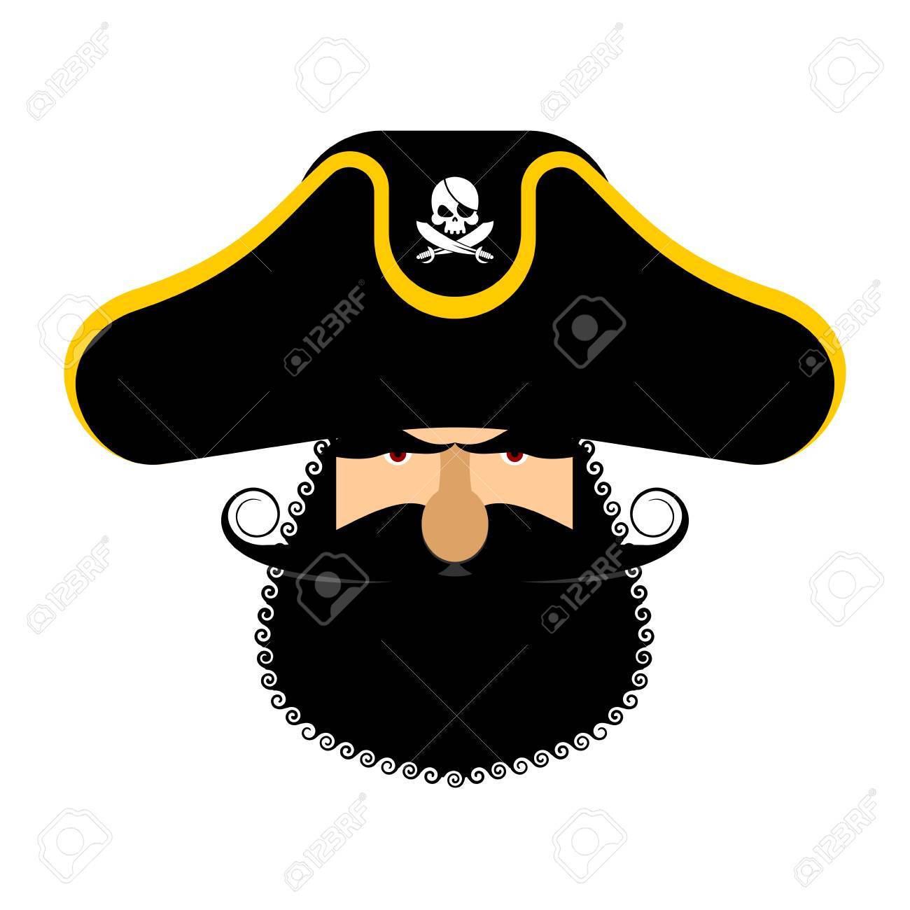 海賊帽子の肖像画 目のパッチと禁煙パイプ フィリバ スター キャップ 骨と頭蓋骨 頭海賊黒ひげ のイラスト素材 ベクタ Image