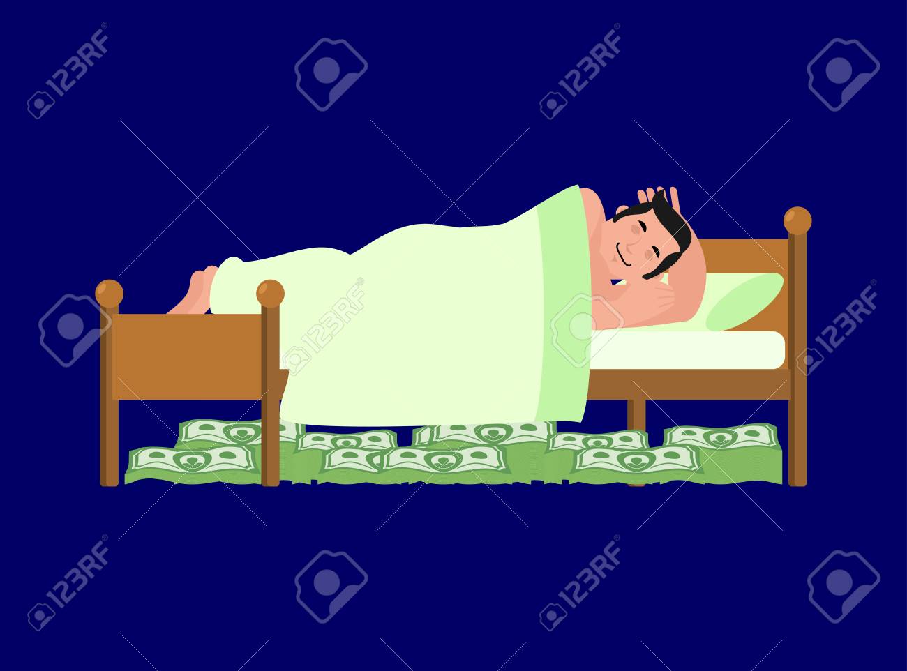 男はベッドで寝ている お金ベッドの下で 富 たくさんの現金 ラッキーベクトルイラスト のイラスト素材 ベクタ Image