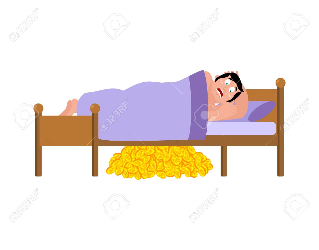 おびえた男はベッドで寝る。ベッドの下のビットコイン。ひどい夢を見たベクトルイラスト。のイラスト素材・ベクター Image 92683815