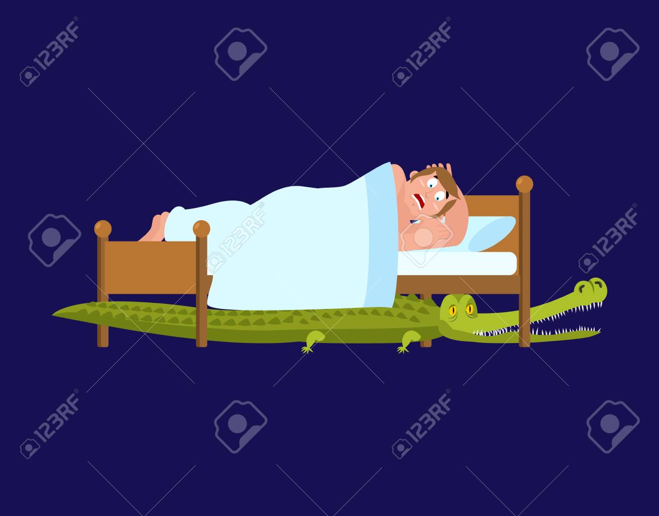 ベッドの下のワニ おびえた男はベッドで寝る ベクトルイラスト のイラスト素材 ベクタ Image