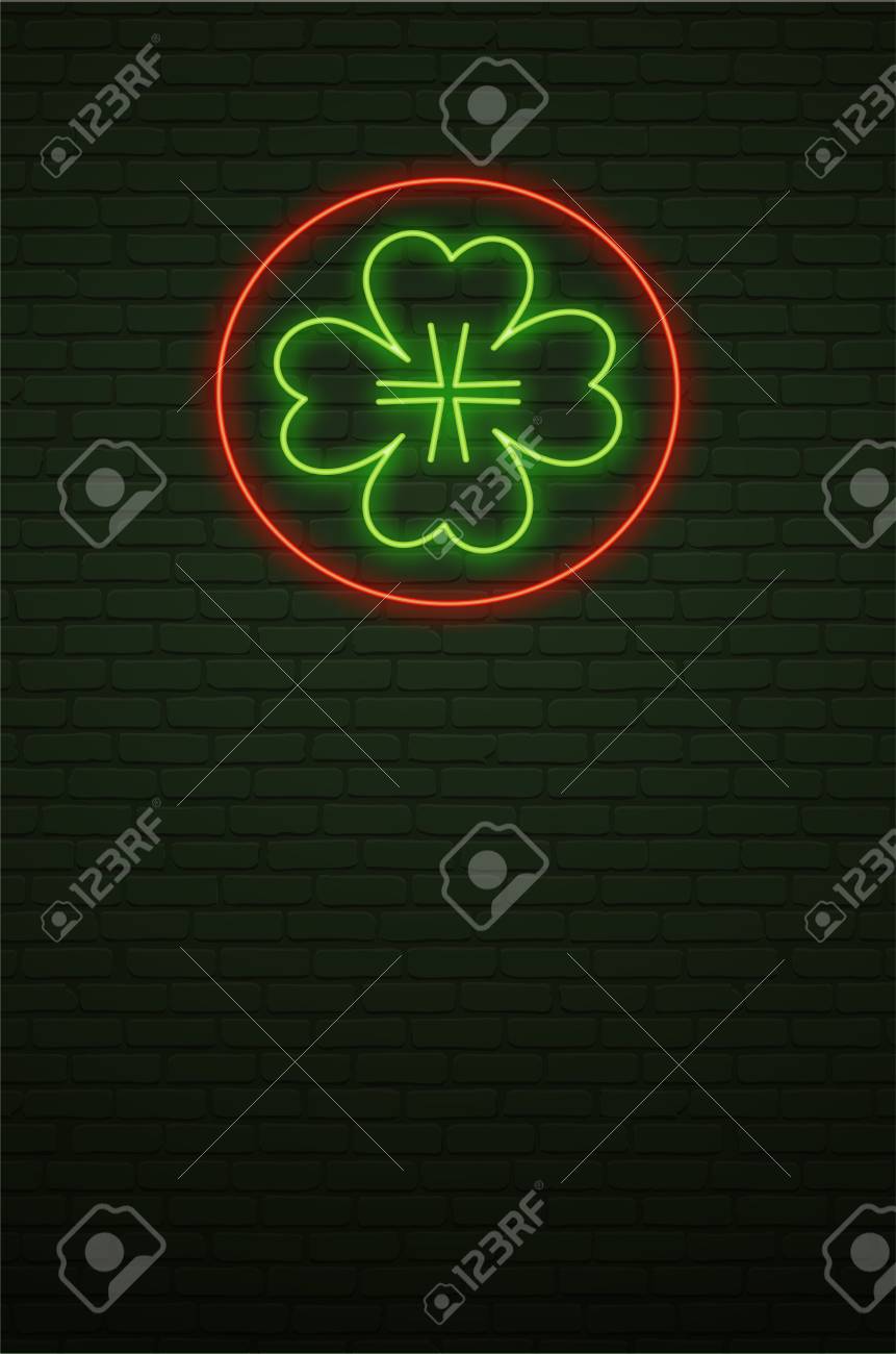 Dia De San Patricio De Neon Y Pared De Ladrillo Verde Signo