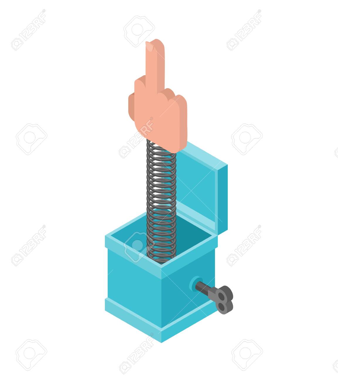 장난 상자에서 꺼져. 재미있는 상금 가운데 손가락. 만우절을 위한 장난감. 로열티 무료 사진, 그림, 이미지 그리고 스톡포토그래피.  Image 124577490