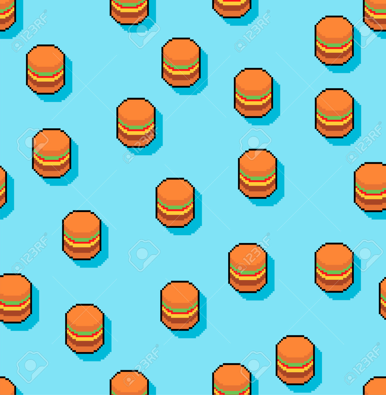 버거 픽셀 아트 패턴은 매끄럽습니다. 햄버거 8비트 배경. 단순화 된 패스트 푸드 기호 픽셀 화 된 텍스처 로열티 무료 사진, 그림,  이미지 그리고 스톡포토그래피. Image 193368774