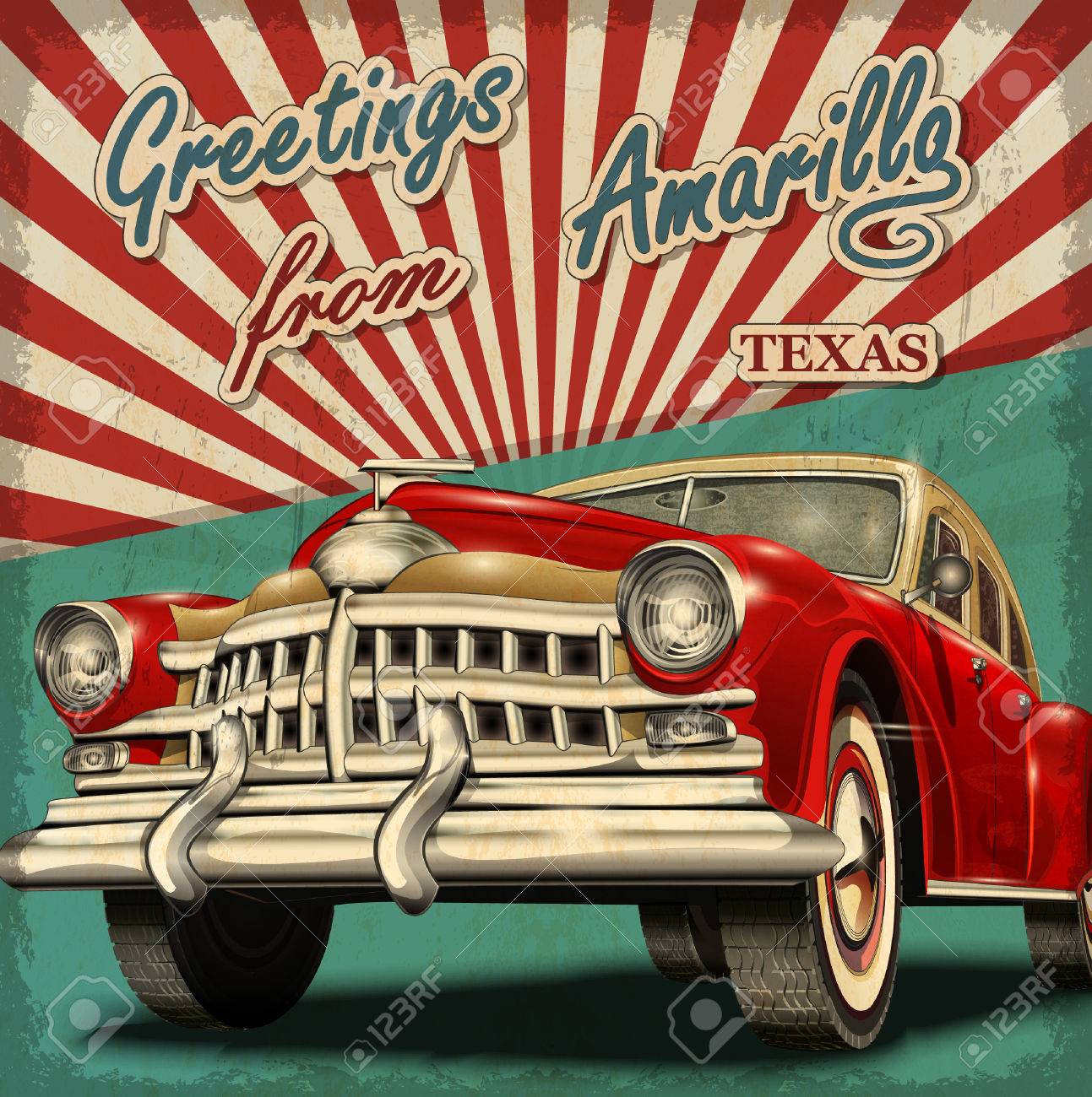 Vintage touristic greeting card with retro car.Amarillo.Texas. - 55953234 Vintage touristic greeting card with retro car.Amarillo.Texas. - 55953234