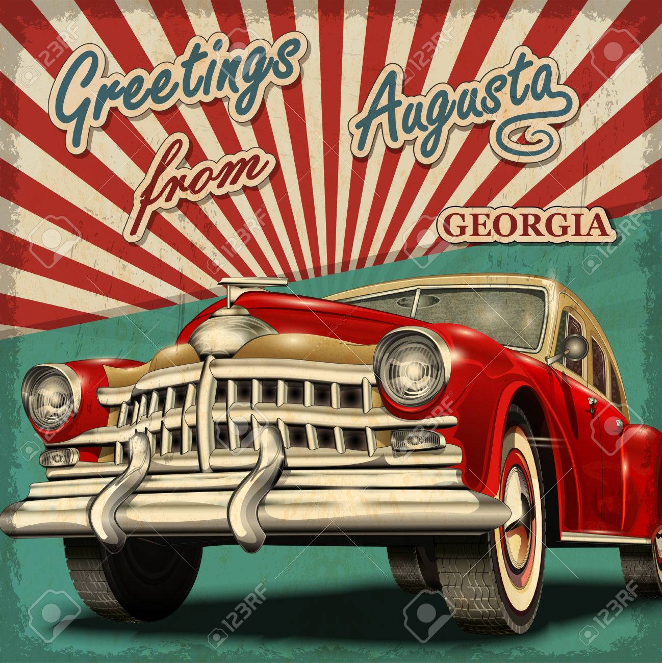 レトロな車でビンテージ観光グリーティング カード Augusta Georgia のイラスト素材 ベクタ Image