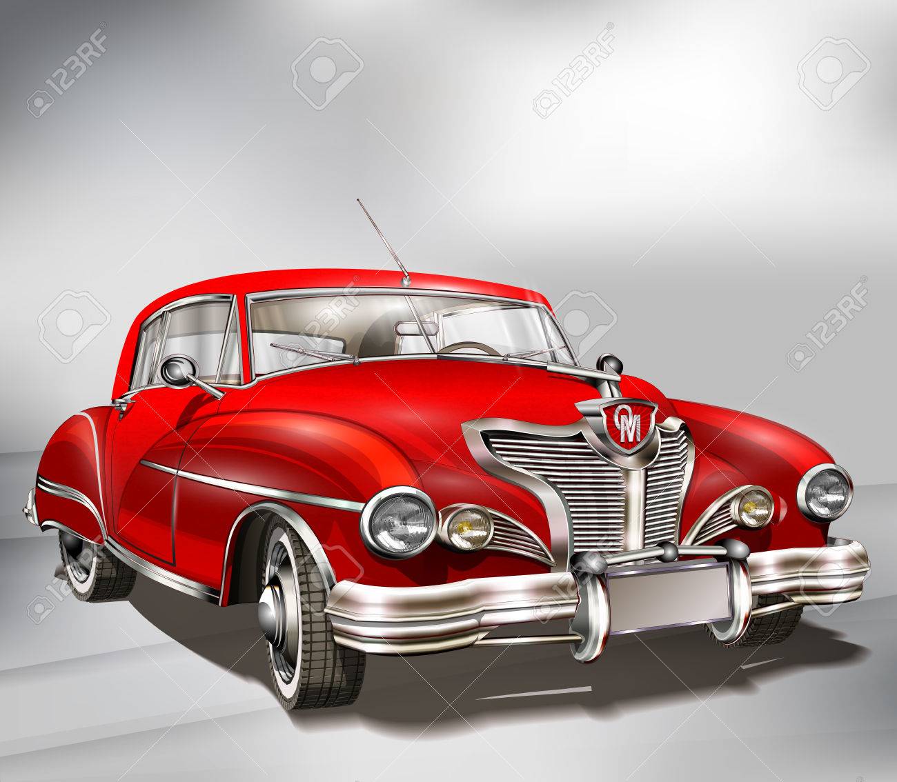 灰色の背景にレトロな赤い車 のイラスト素材 ベクタ Image