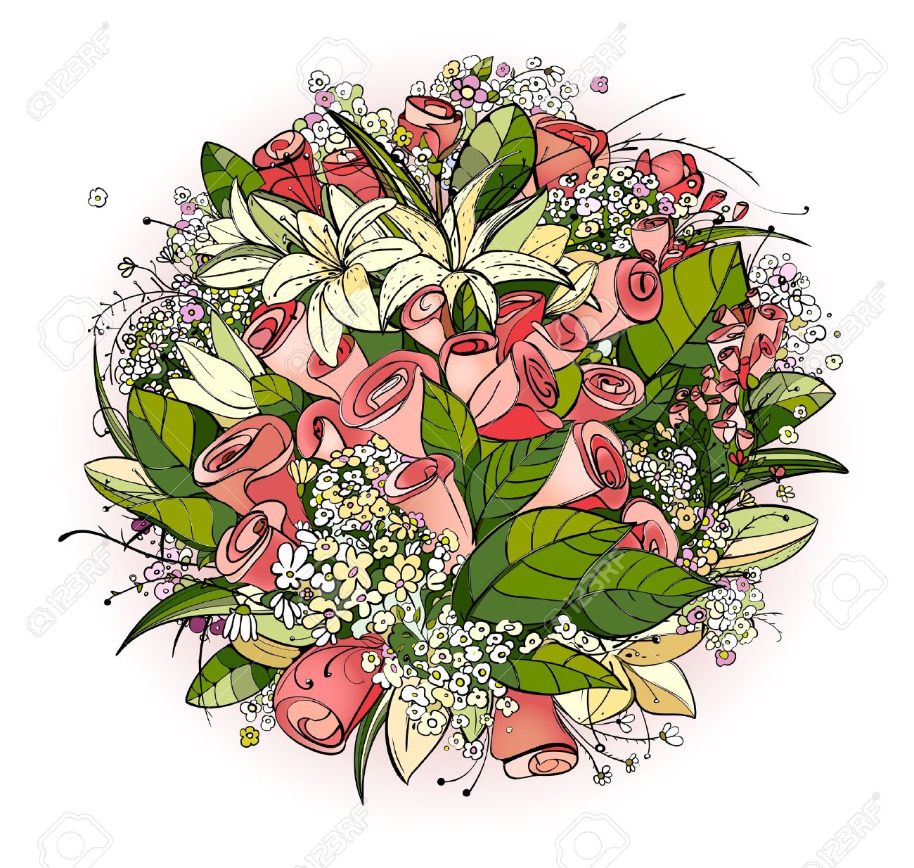 バラとユリの花の束の図のイラスト素材 ベクタ Image バラとユリの花の束の図のイラスト素材 ベクタ Image