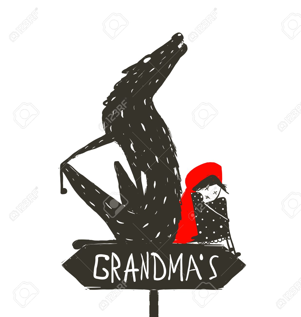Little Red Riding Hood and Scary Wolf. Little Red Riding Hood and the wolf sitting back to back on a sign with the sign Grandma. Sketchy artistic drawing. Vector illustration. - 39122815 Little Red Riding Hood and Scary Wolf. Little Red Riding Hood and the wolf sitting back to back on a sign with the sign Grandma. Sketchy artistic drawing. Vector illustration. - 39122815