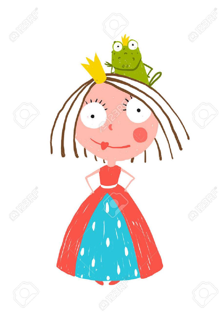Little Princess Standing with Prince Frog Sitting on Head. Colorful fun childish hand drawn illustration for kids fairy tale. - 40870117 Little Princess Standing with Prince Frog Sitting on Head. Colorful fun childish hand drawn illustration for kids fairy tale. - 40870117