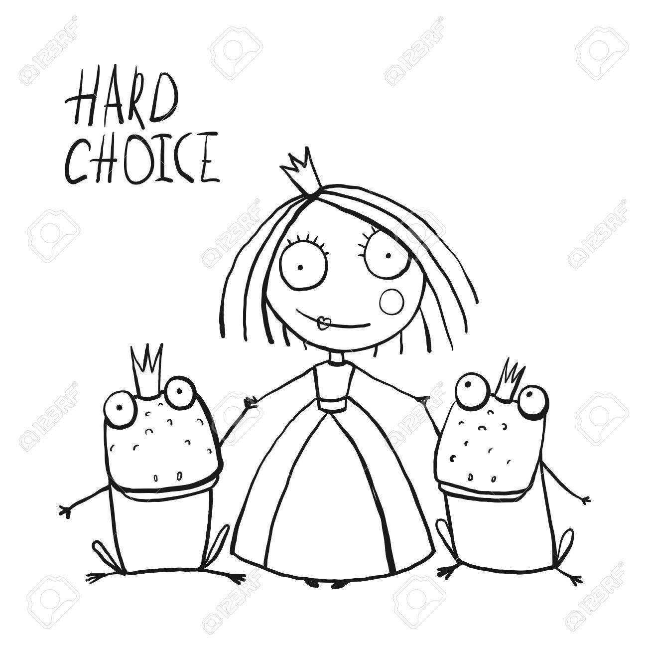 Princess Making Choice Between Two Prince Frogs Coloring Page Fun Childish Hand Drawn Outline Illustration