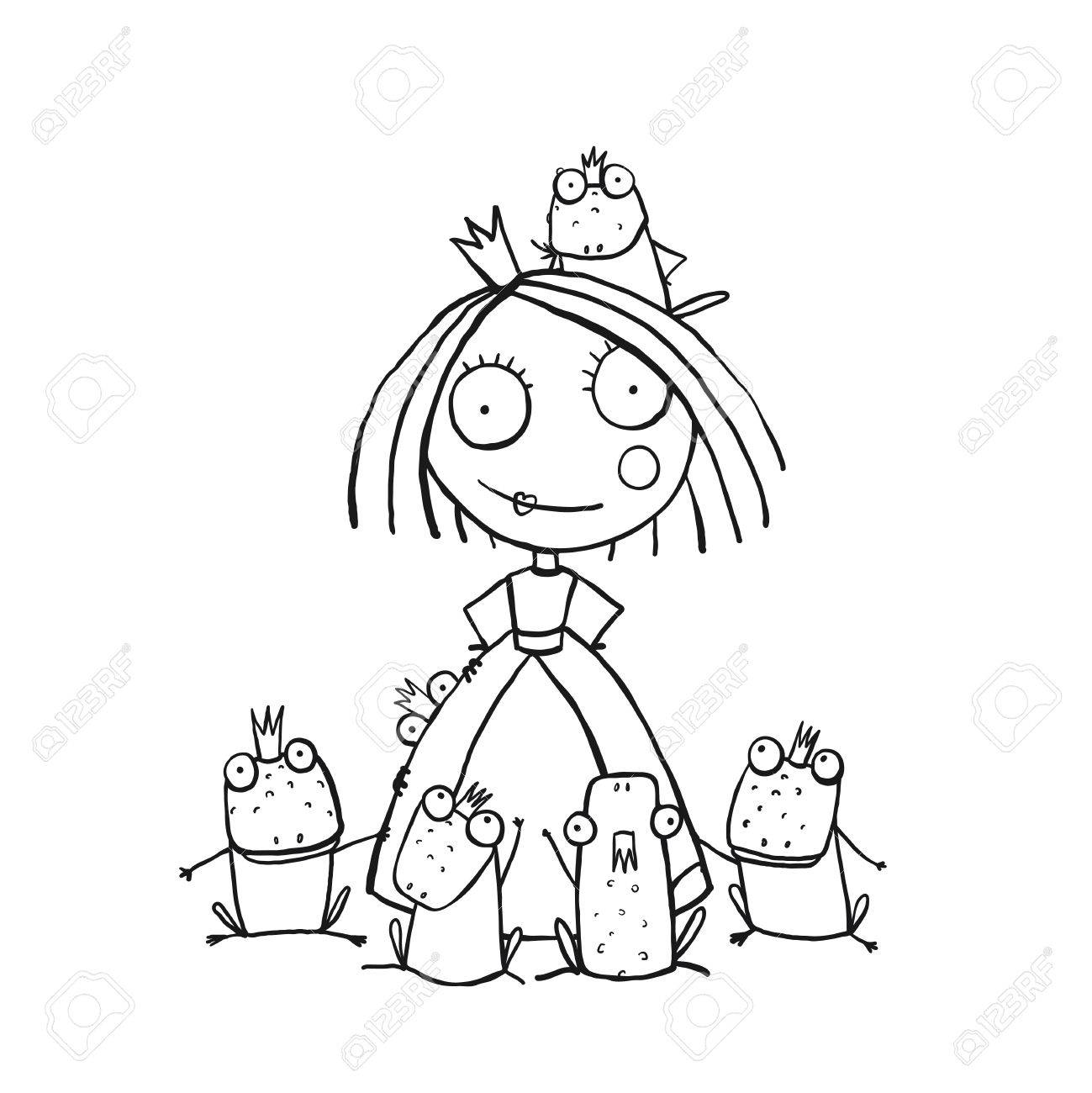 Princess And Many Prince Frogs Portrait Coloring Page Fun Childish Hand Drawn Outline Illustration For