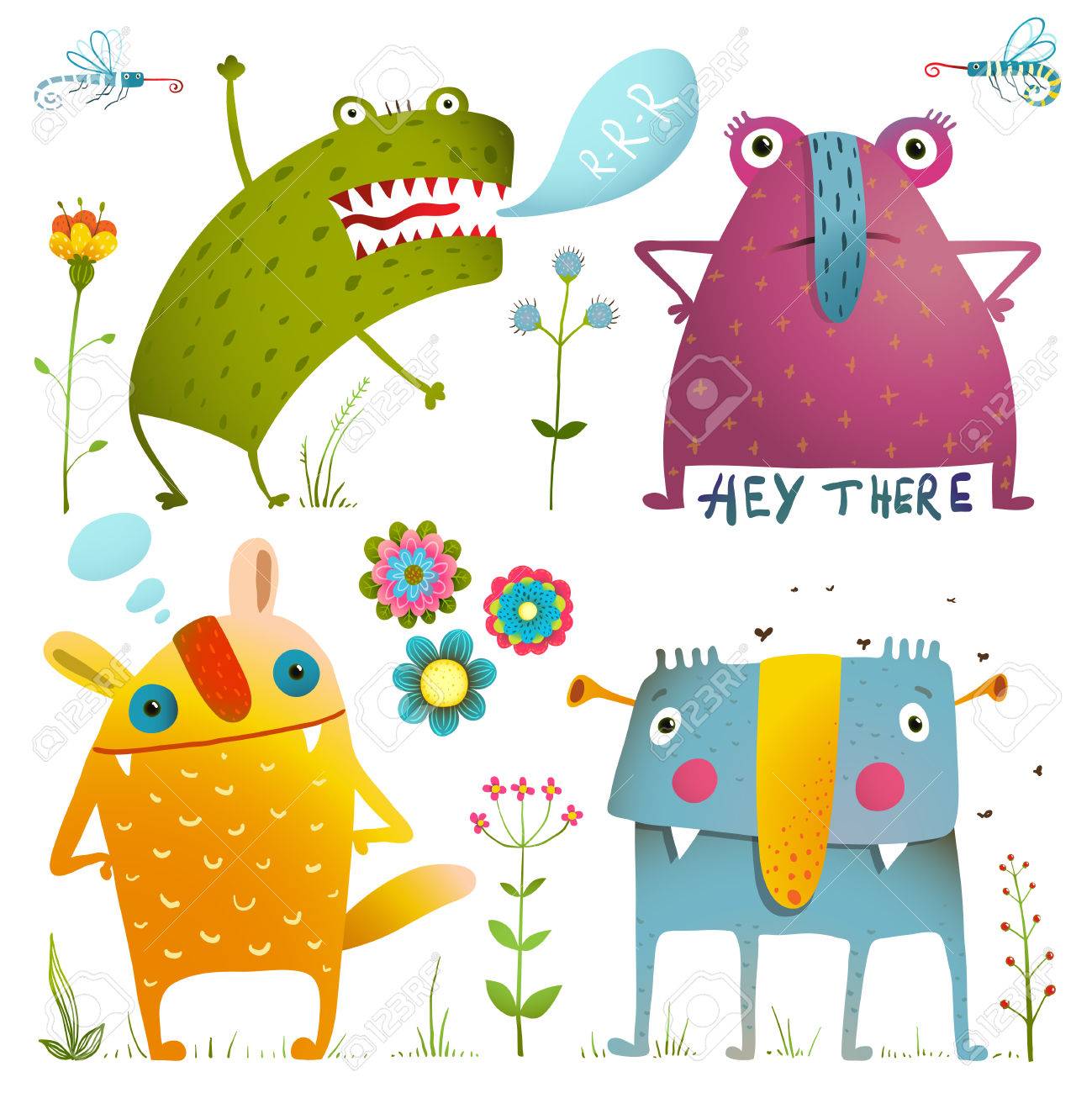 子供たちの楽しいかわいいモンスター デザインのカラフルなコレクション 驚くべき架空の生き物は 白で隔離要素をデザインします Eps10 ベクトルには背景色がありません のイラスト素材 ベクタ Image