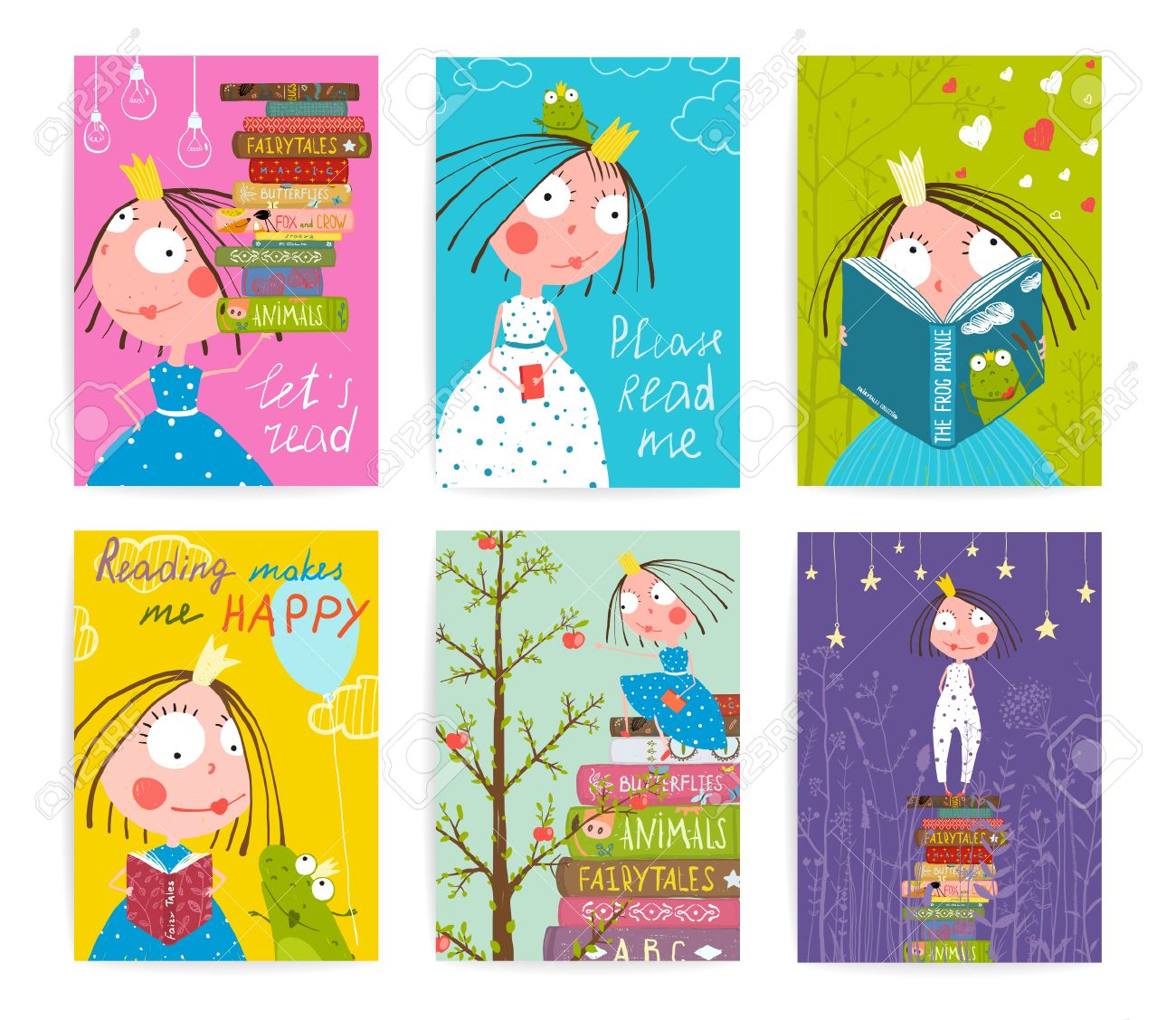 Cute Little Princess Kids Reading Fairy Tale Books Library Poster Collection. Colorful a4 cute girl cards big bundle with a sign for a little child about reading literature. Vector illustration. - 45635108 Cute Little Princess Kids Reading Fairy Tale Books Library Poster Collection. Colorful a4 cute girl cards big bundle with a sign for a little child about reading literature. Vector illustration. - 45635108