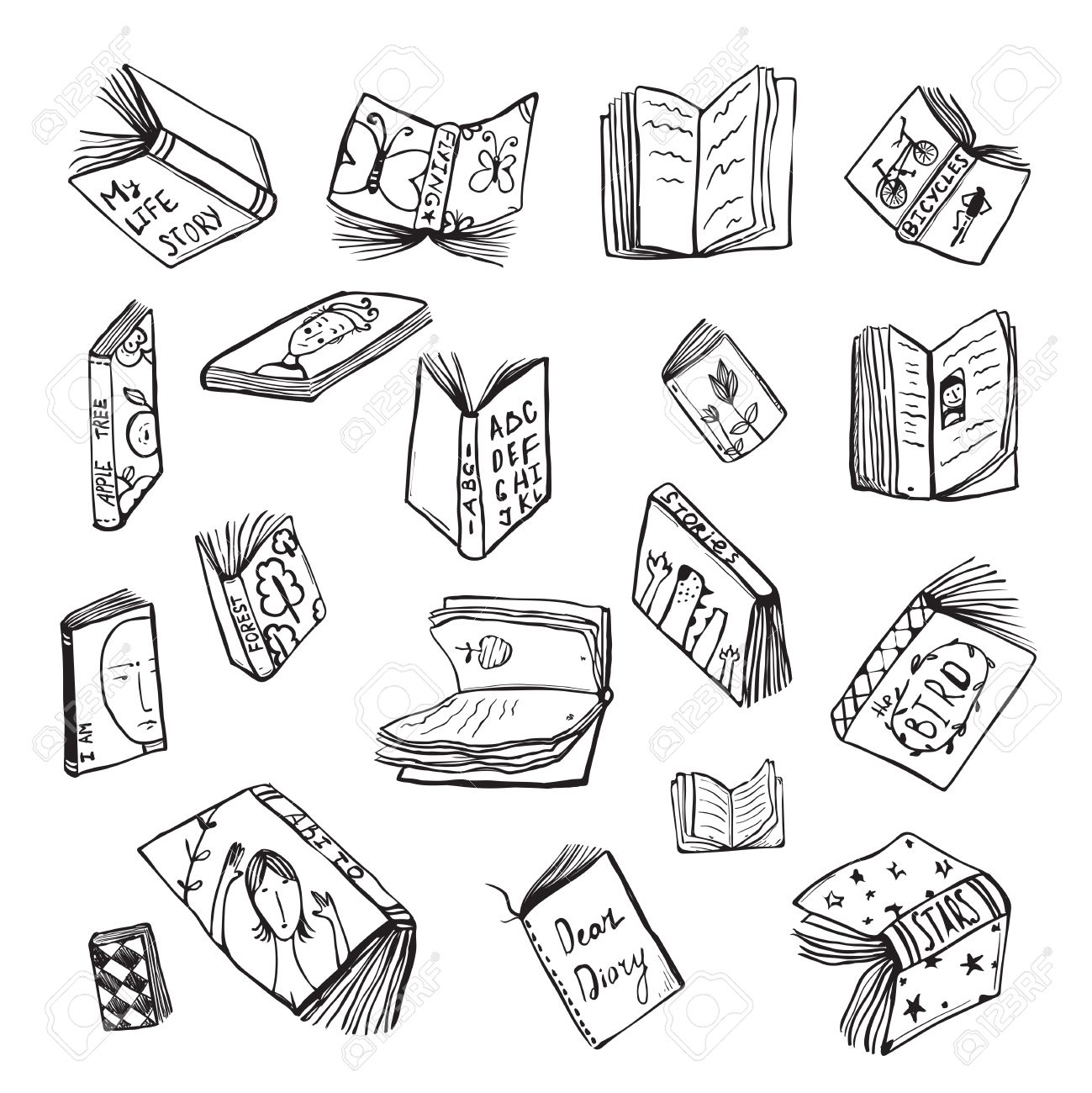 Open Books Drawing Reading Collection in Black Lines. Big set of hand drawn black and white outline literature covers illustration. - 45635116 Open Books Drawing Reading Collection in Black Lines. Big set of hand drawn black and white outline literature covers illustration. - 45635116