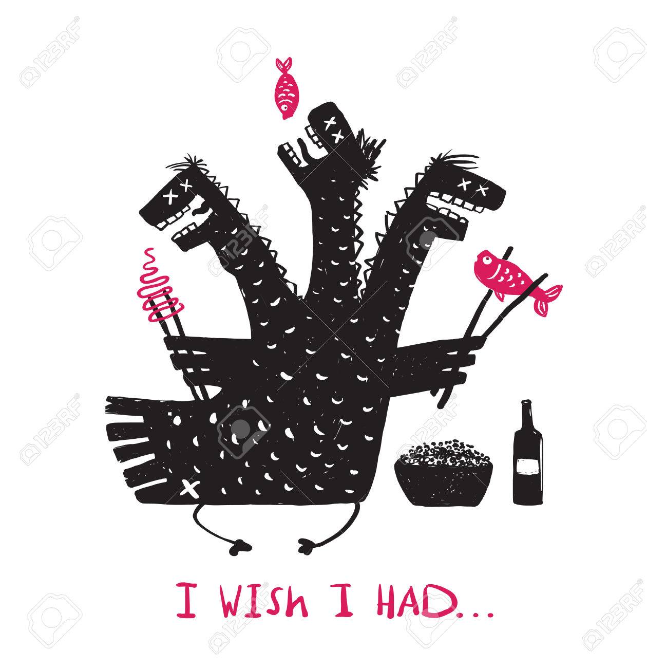 Hungry Funny Dragon Eating Food Drinking Rough Hand Drawn Print Design. A humorous monster negative character trait conceptual illustration about gluttony and guzzling throats. Three headed dragon having a banquet. Vector illustration. - 46003892 Hungry Funny Dragon Eating Food Drinking Rough Hand Drawn Print Design. A humorous monster negative character trait conceptual illustration about gluttony and guzzling throats. Three headed dragon having a banquet. Vector illustration. - 46003892