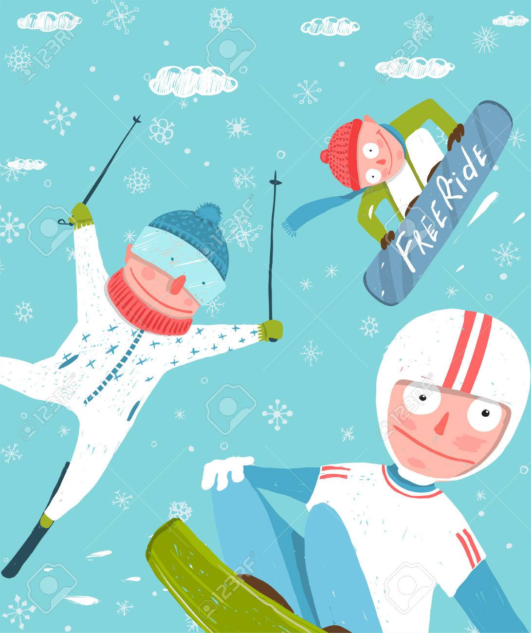 スノーボードやスキーのフリー ライダーは面白い楽しいポスター デザインをジャンプします のイラスト素材 ベクタ Image