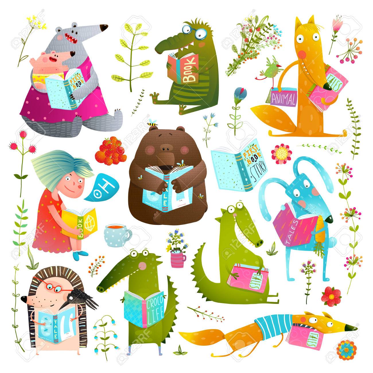 Funny Animal Kids Studying Reading Books Collection Royalty Free Cliparts Vectors And Stock Illustration Image