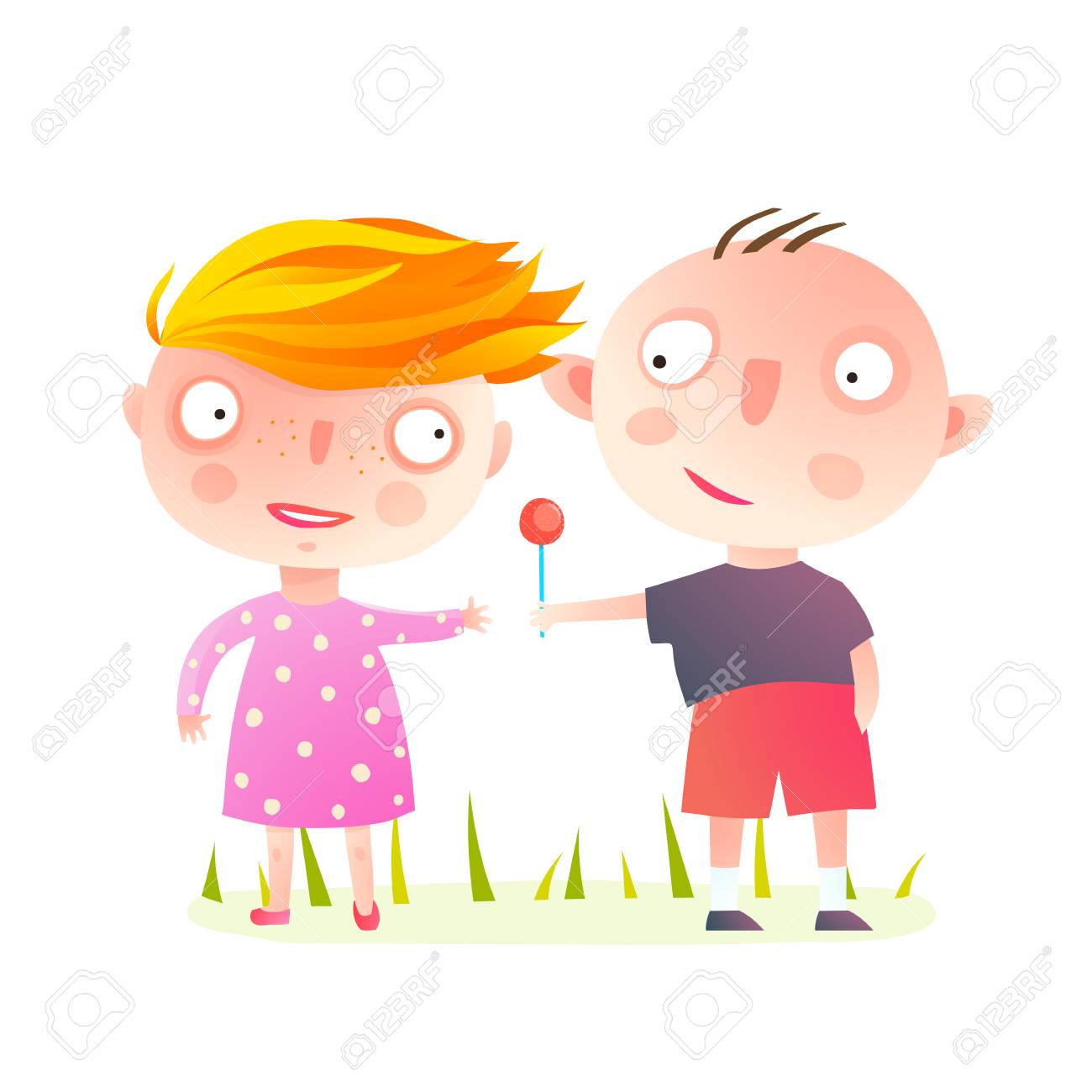 Niños Pequeños Jugando Juntos Compartiendo Dulces. Niño Dando Una Piruleta  A Una Niña. Vector De Dibujos Animados Ilustraciones Vectoriales, Clip Art  Vectorizado Libre De Derechos. Image 88855389.