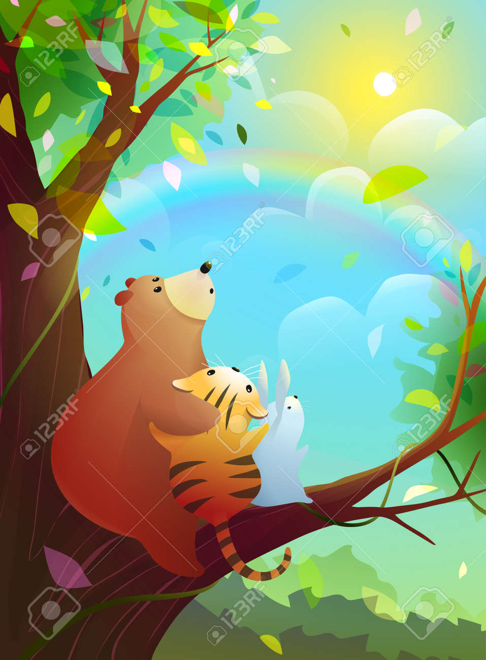 Zwierzęta siedzące na dużym drzewie w letni dzień, marzycielski letni krajobraz przyrody z tęczą. urocza ilustracja dla dzieci z przyjaciółmi pluszowego misia, królika i tygrysa. ilustrowana wektorowa zjawiskowa sceneria. - 189980104 Zwierzęta siedzące na dużym drzewie w letni dzień, marzycielski letni krajobraz przyrody z tęczą. urocza ilustracja dla dzieci z przyjaciółmi pluszowego misia, królika i tygrysa. ilustrowana wektorowa zjawiskowa sceneria. - 189980104