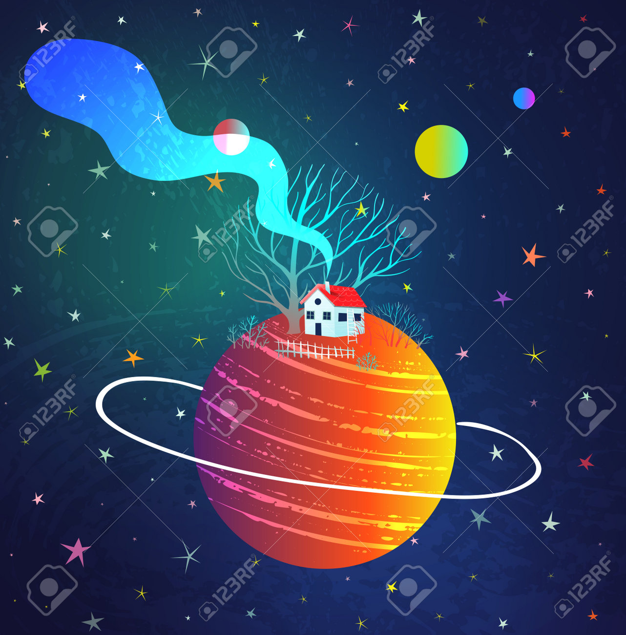 宇宙テーマの手描き絵画 A 宇宙テーマの手描き絵画 A （木と赤い惑星の宇宙空間にかわいい