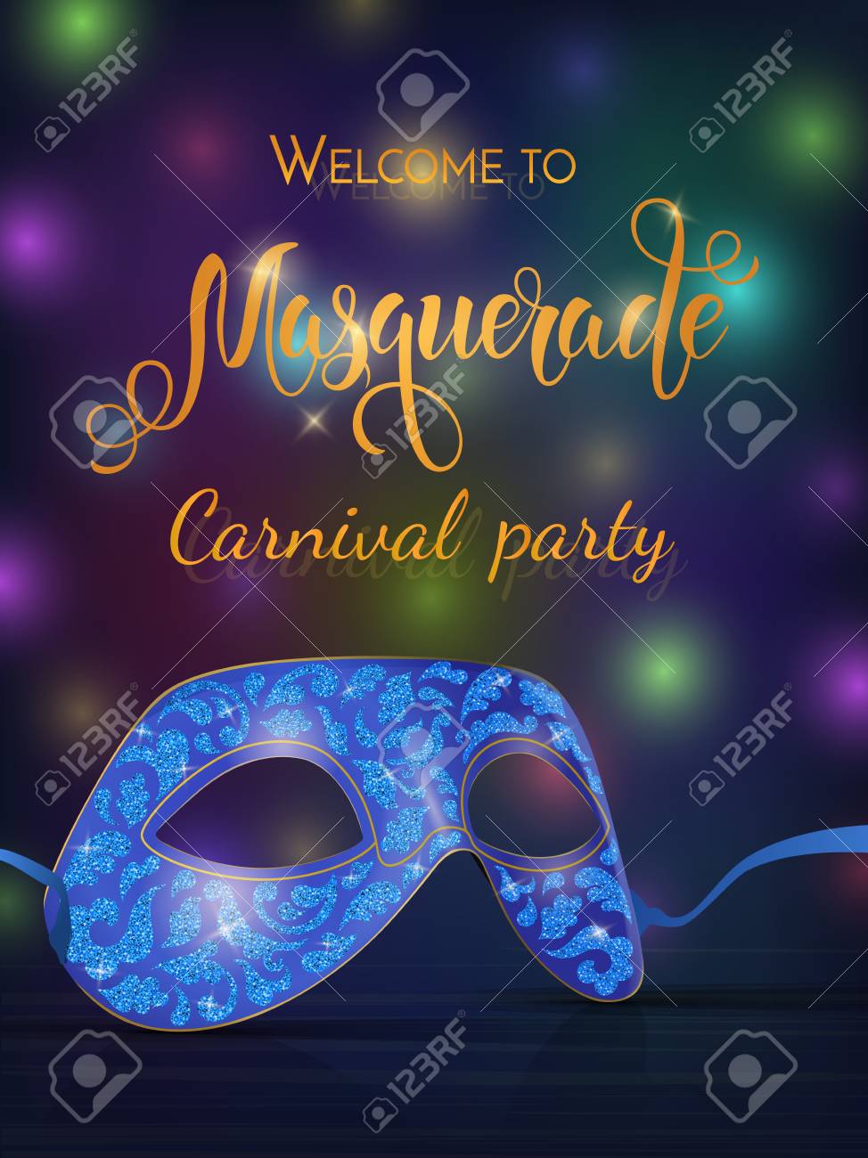 gold carnival mask with shiny texture carnival hand drawn lettering