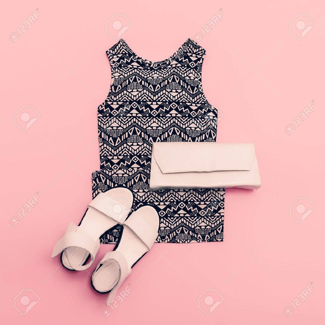 Lady clothing set. Dress and shoes. Trendy geometric prints. - 44776851 Lady clothing set. Dress and shoes. Trendy geometric prints. - 44776851