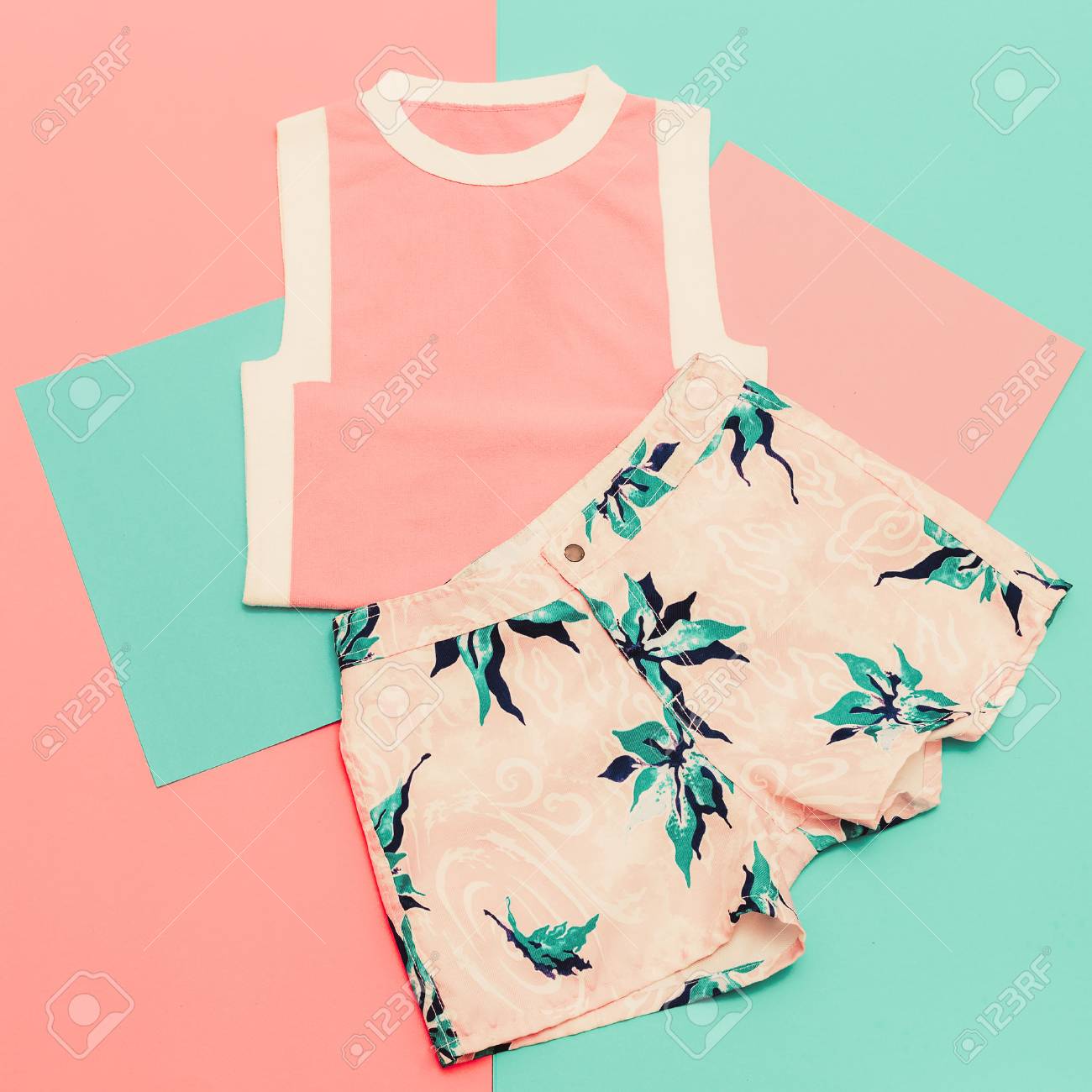 Lady set. Vanilla summer style. Trendy T-shirt and shorts. - 44775804 Lady set. Vanilla summer style. Trendy T-shirt and shorts. - 44775804