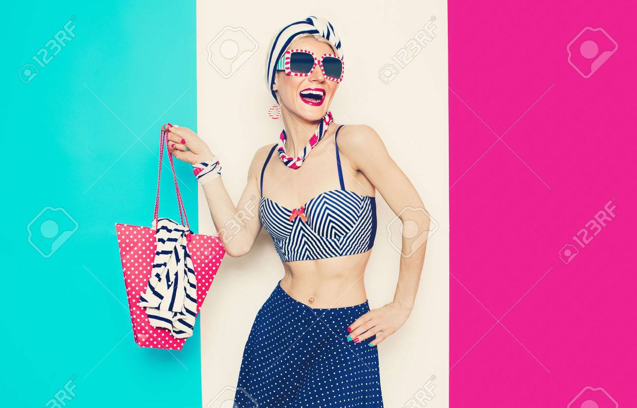 Happy Glamorous lady in Summer beach marine style - 44775836 Happy Glamorous lady in Summer beach marine style - 44775836