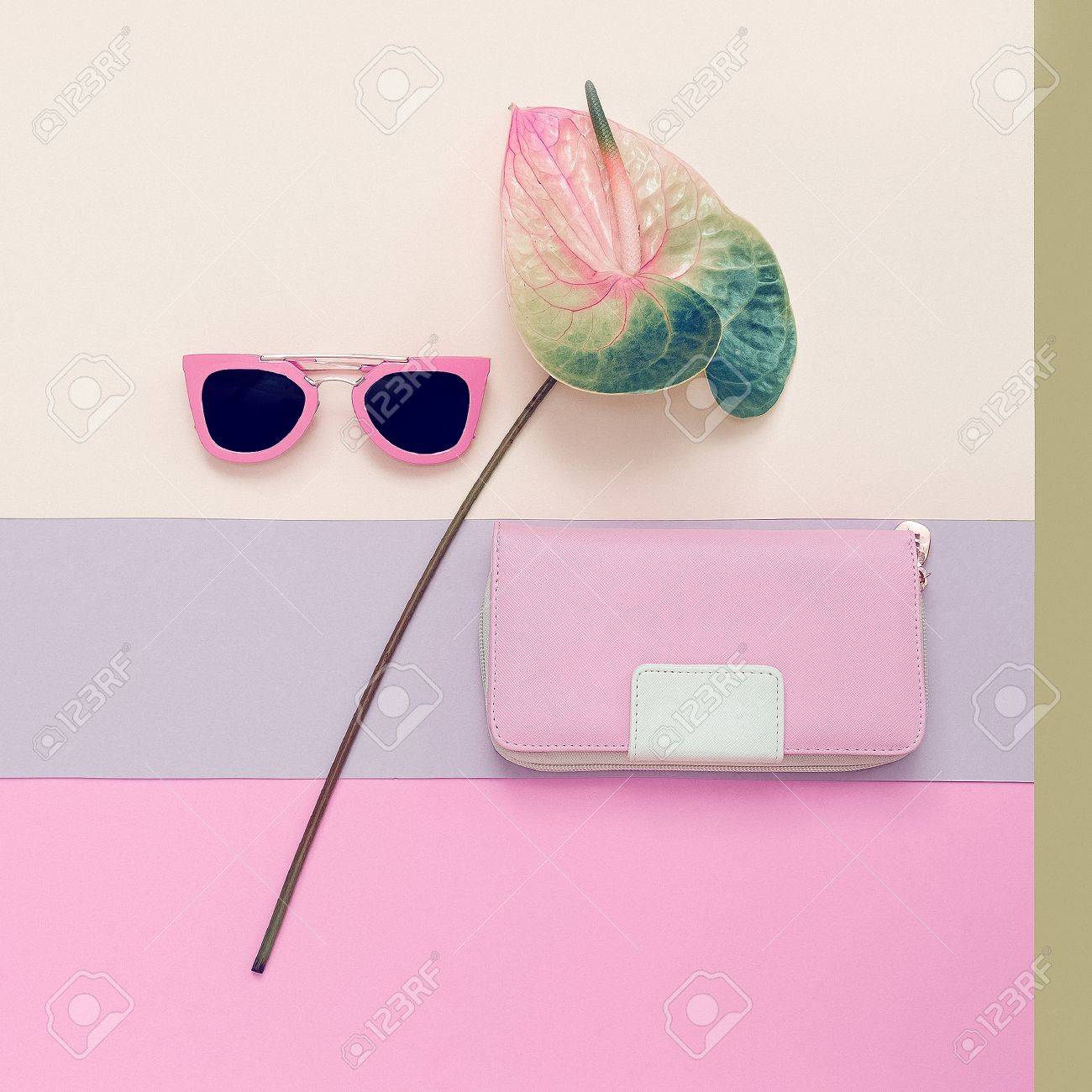 Ladies Fashion Accessories. Pink Clutch and sunglasses. Pastel colors Trend - 74068642 Ladies Fashion Accessories. Pink Clutch and sunglasses. Pastel colors Trend - 74068642