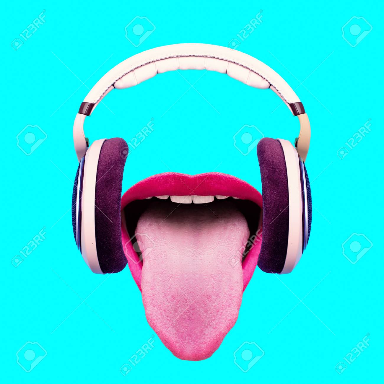 Listen to funny music. Headphones and crazy mouth. Minimal art design - 87610157 Listen to funny music. Headphones and crazy mouth. Minimal art design - 87610157