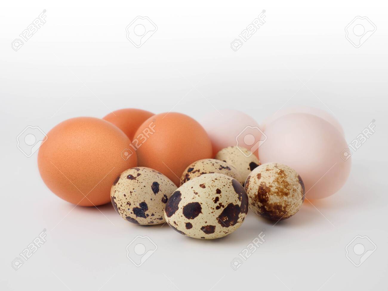 3 Types Of Eggs Concept On A White Background Duck Egg Chicken Egg Quail Egg Placed