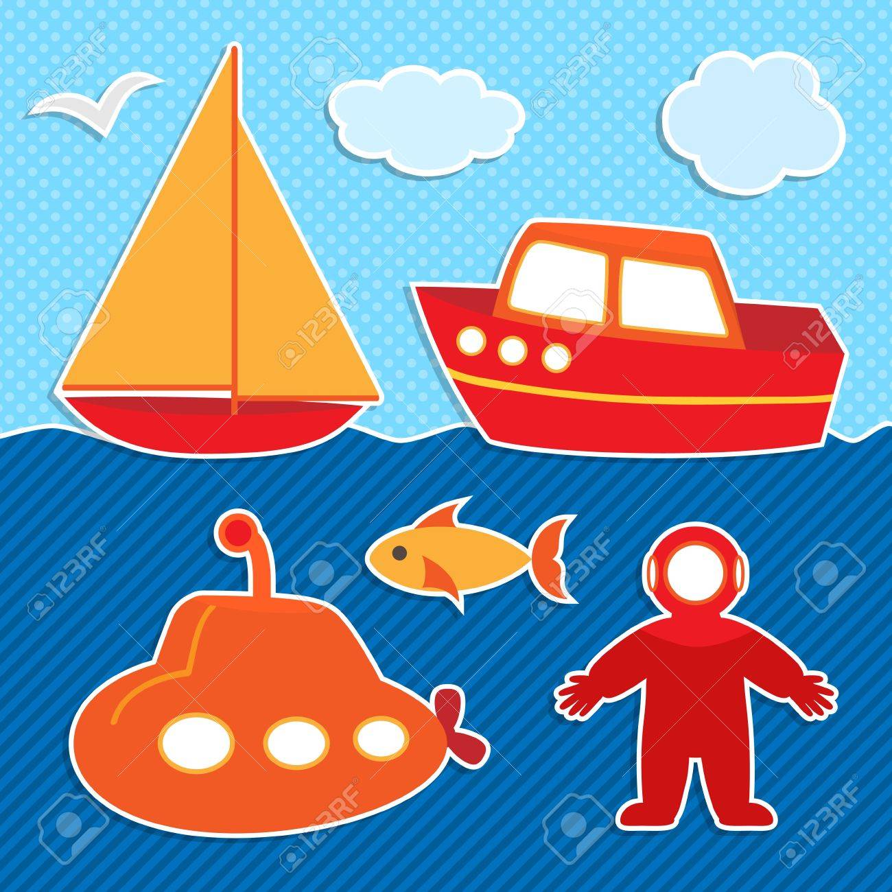 かわいいカラフルな船ステッカーやダイバーのセットのイラスト素材 ベクタ Image
