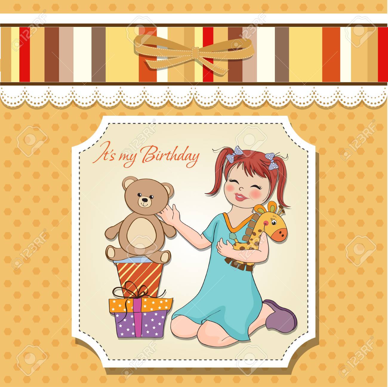 Little Girl Playing With Her Birthday Gifts Happy Birthday Royalty Free Cliparts Vectors And Stock Illustration Image