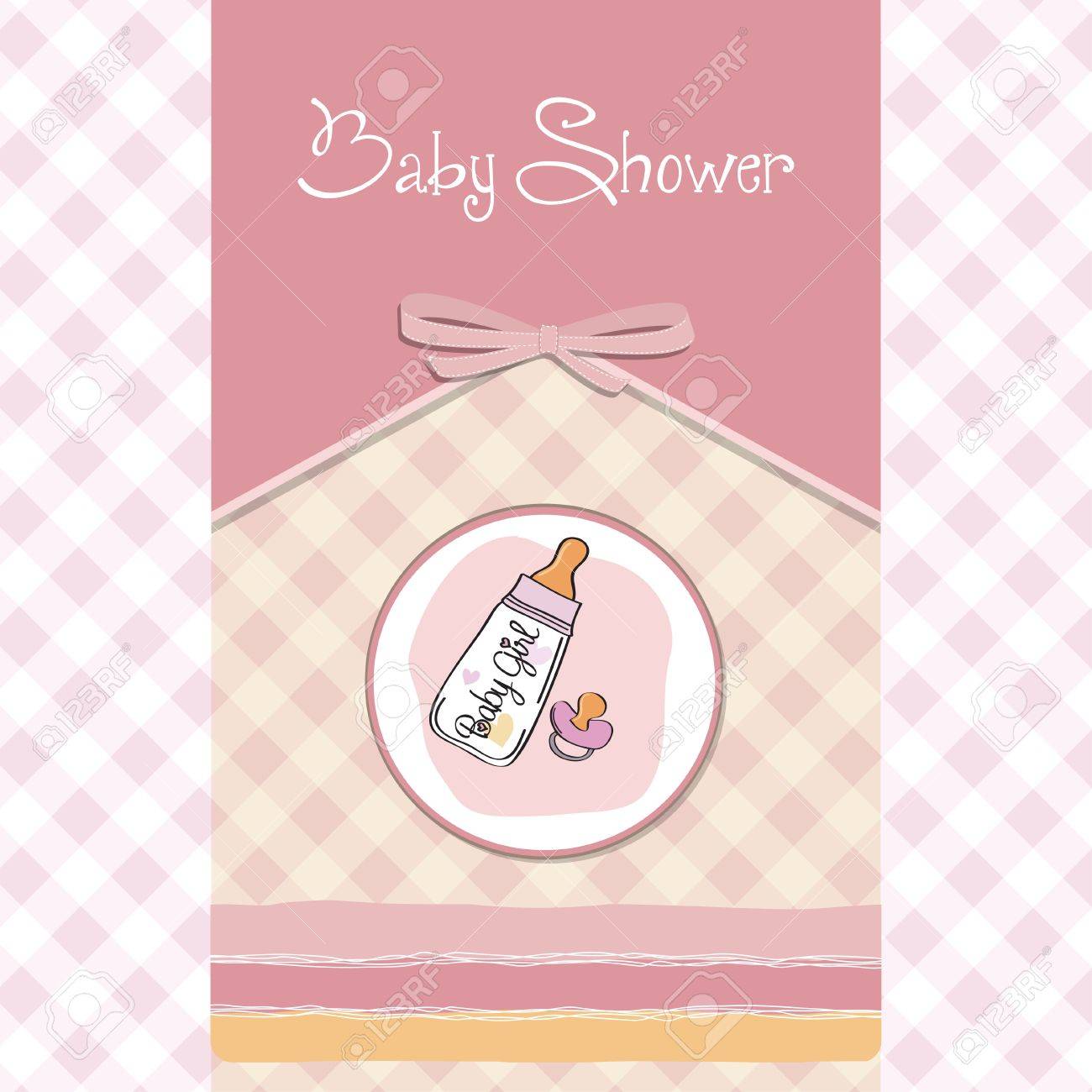 new baby girl announcement card with milk bottle and pacifier