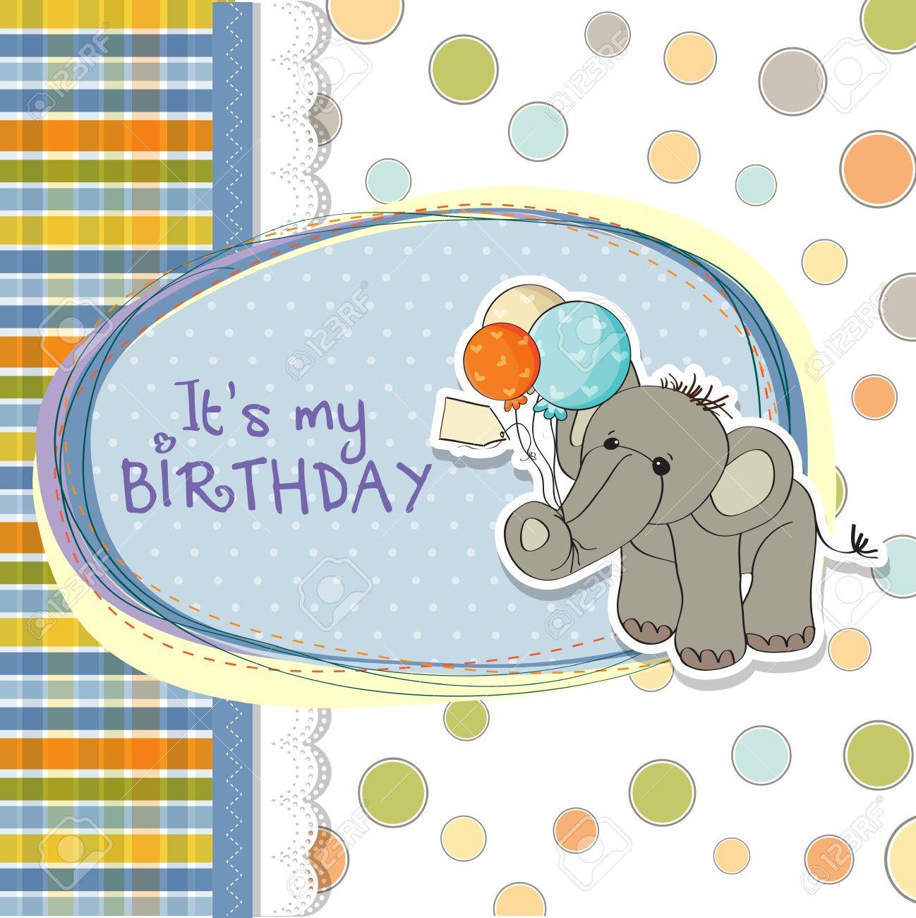 Carte D Anniversaire Avec L Elephant Bebe Garcon Et Les Ballons Clip Art Libres De Droits Vecteurs Et Illustration Image
