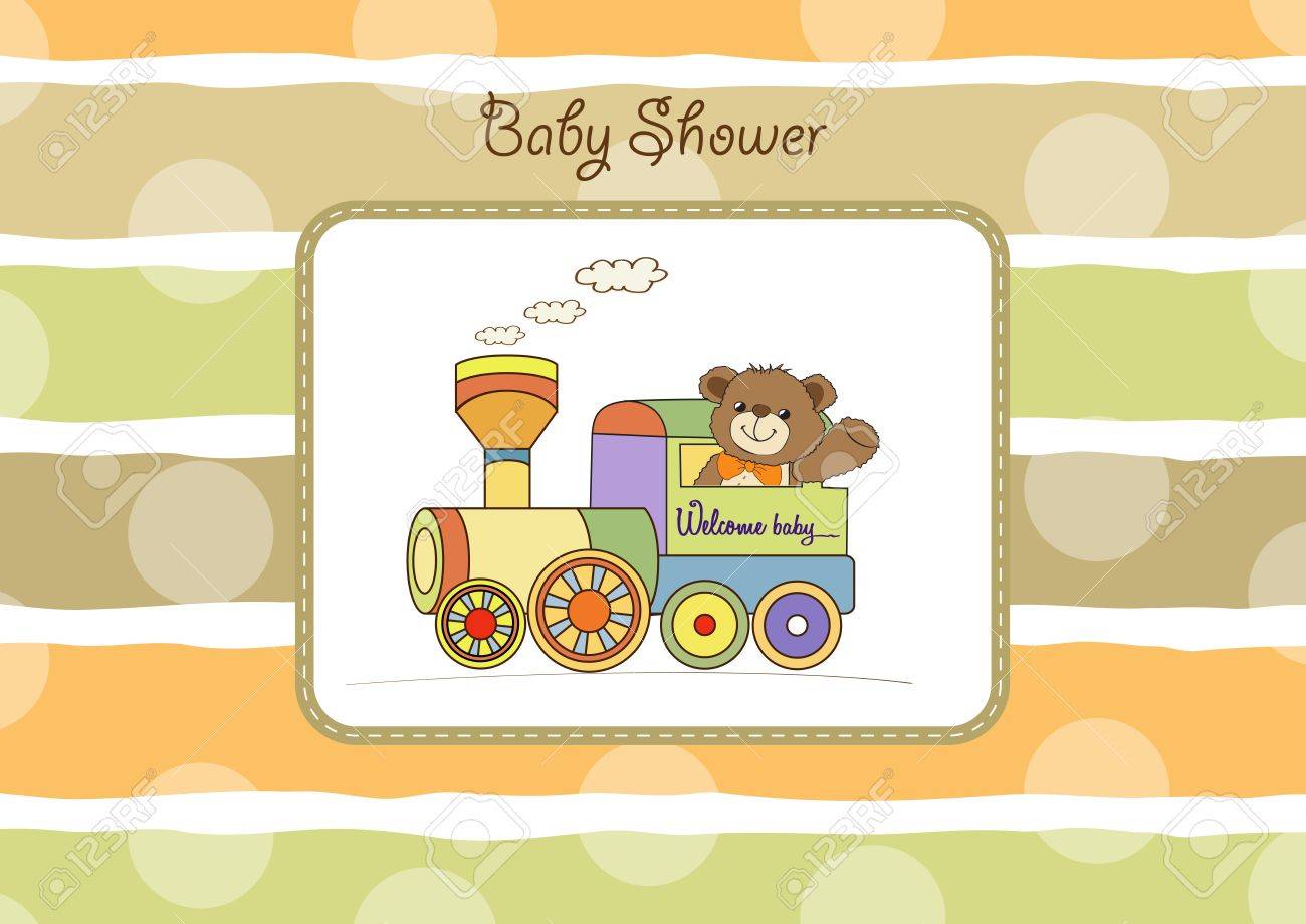 Baby Shower Card With Teddy Bear And Train Toy Royalty Free Cliparts Vectors And Stock Illustration Image