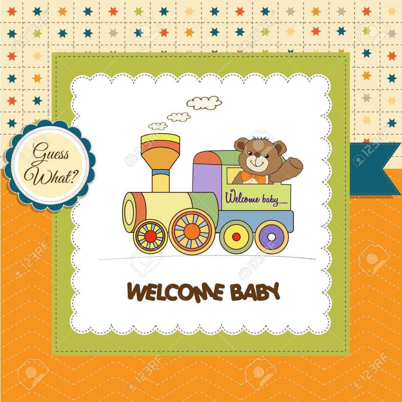 Carte De Douche De Bebe Avec Ours En Peluche Et Petit Train Clip Art Libres De Droits Vecteurs Et Illustration Image