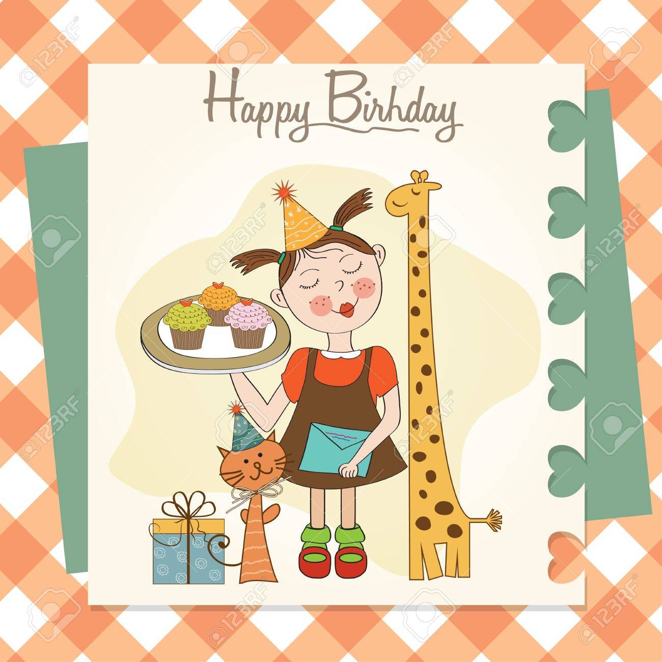 おかしい女の子動物とカップケーキ、イラストと誕生日カード